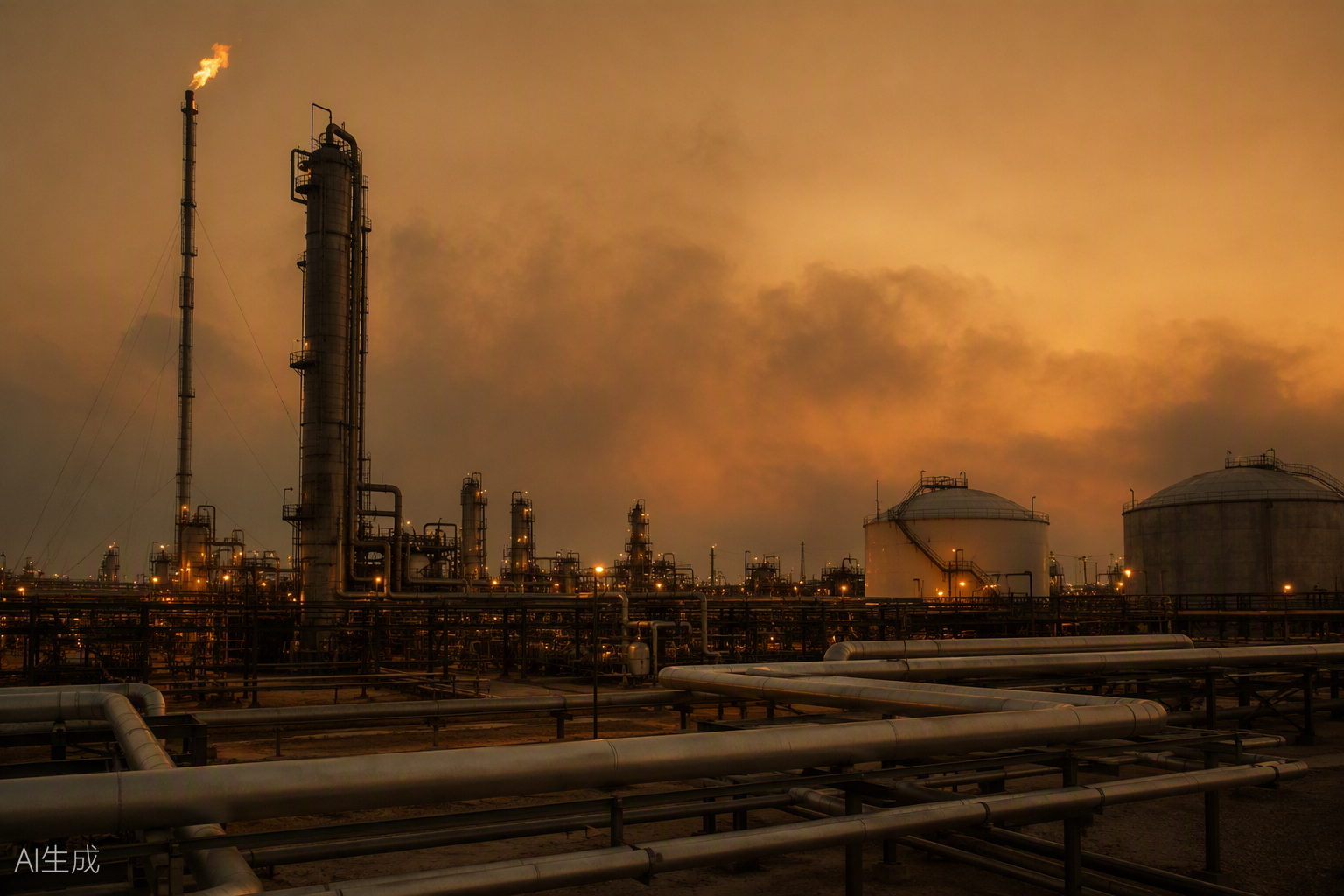Oil and gas facility at dusk